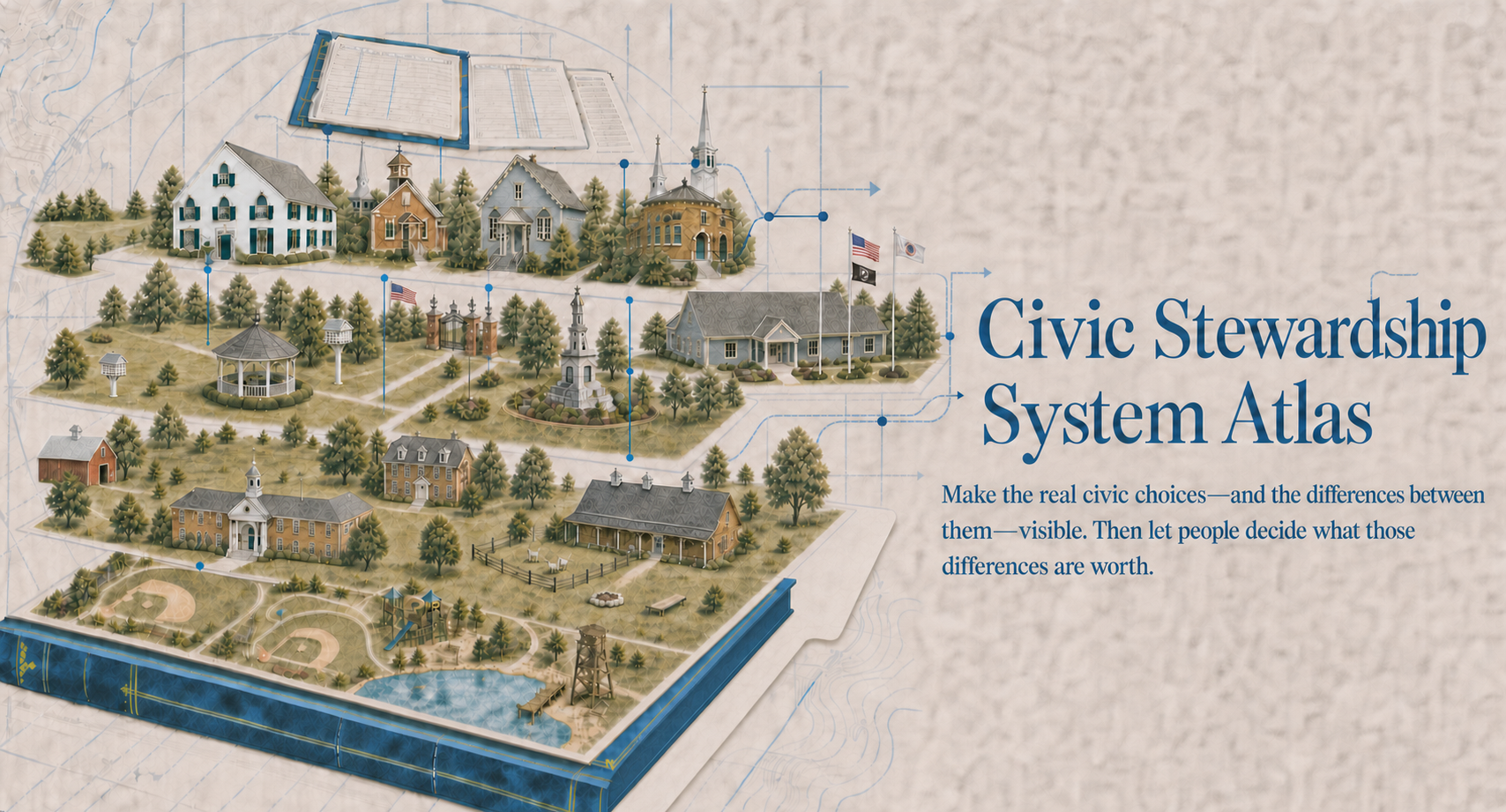 Civic Stewardship System Atlas illustrated as connected layers of Wilbraham records, historic buildings, civic places, businesses, open fields, ballfields, a playground, and Spec Pond leading toward a human decision.